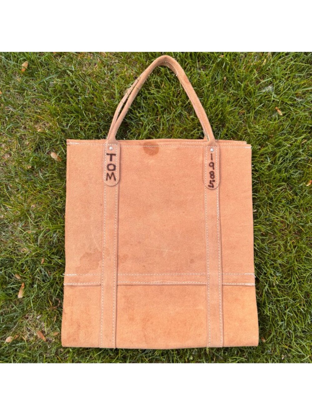 Suede Firewood Log Carrier Tote Brown Suede Handles Stitch Detailing TOM Vtg 80s - Picture 7 of 7